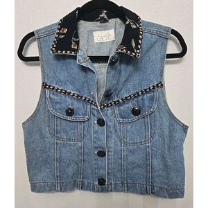 VTG Cache Y2k Wear Denim‎ Jean Vest Black Floral Accents Sz Small